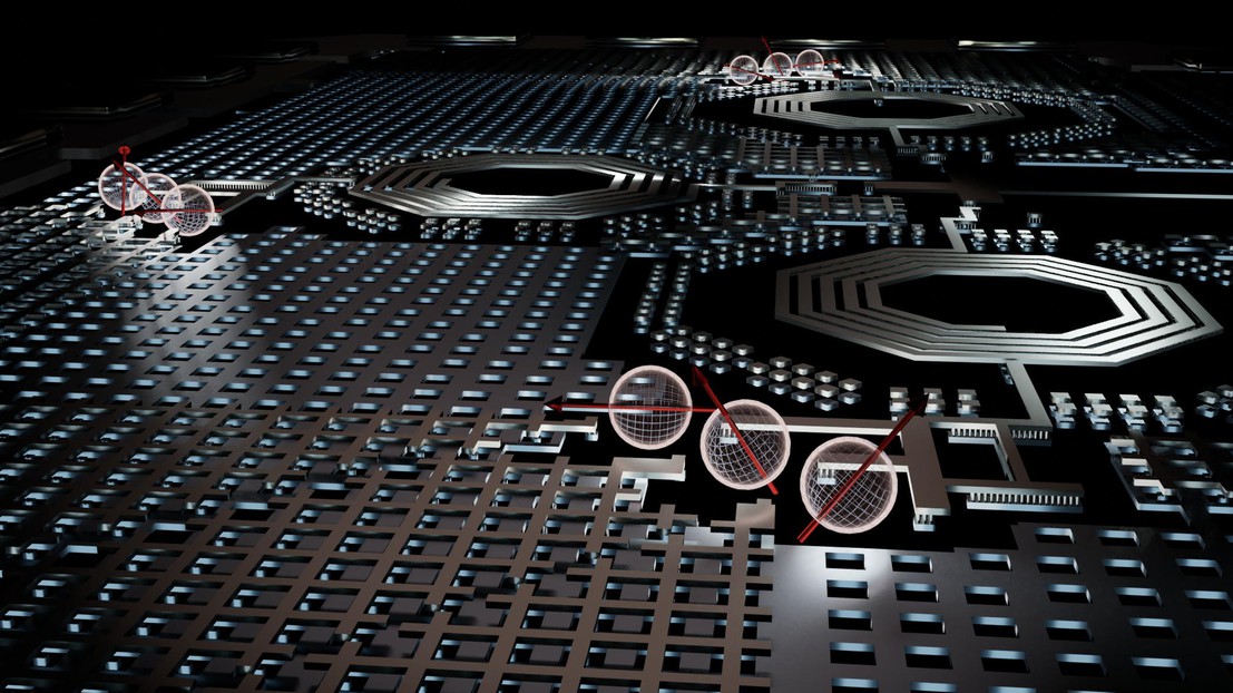 Three resonators operating at different frequencies read a 3x3 matrix of quantum dots. © 2022 EPFL