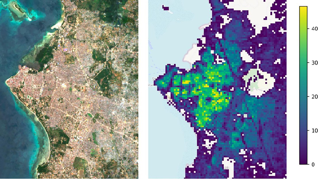 Visual comparison of Zanzibar City, Tanzania. Satellite image (left) and with Pomelo (right). 2022 EPFL/Unknown- CC-BY-SA 4.0