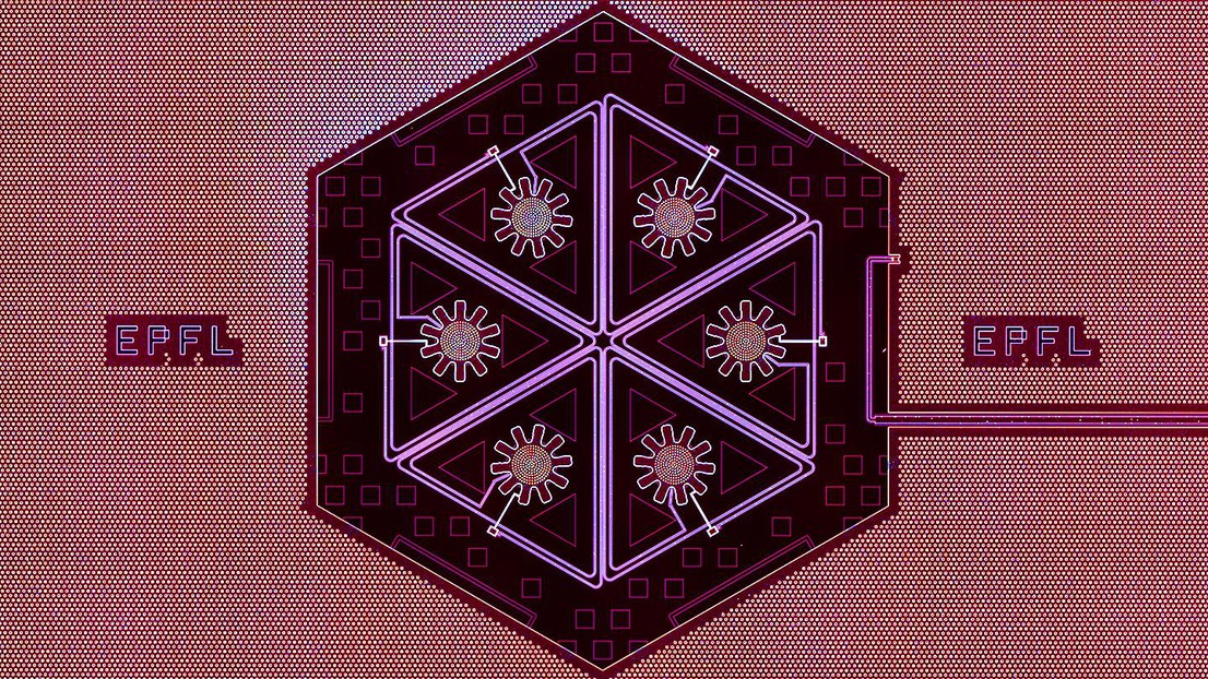 A hexamer of macroscopic mechanical oscillators for studying quantum collective phenomena. Credit: Mahdi Chegnizadeh (EPFL)