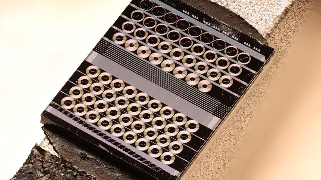 A gallium phosphide photonic chip featuring multiple spiral waveguides and other test structures. Credit: Nikolai Kuznetsov (EPFL)