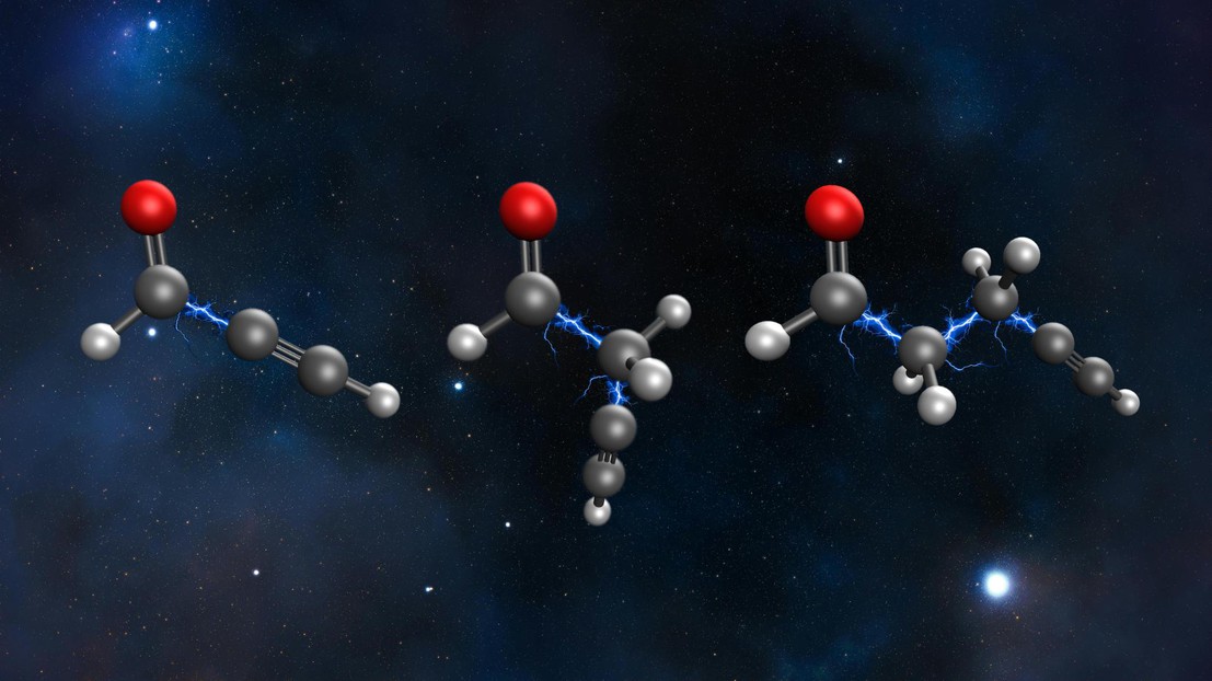 Inserting -CH₂- chemical groups into propynal increases molecular size and flexibility, yet unexpectedly favors the persistence of quantum effects. Credit: Alan Scheidegger (EPFL) Inserting -CH₂- chemical groups into propynal increases molecular size and flexibility, yet unexpectedly favors the persistence of quantum effects. Credit: Alan Scheidegger (EPFL)