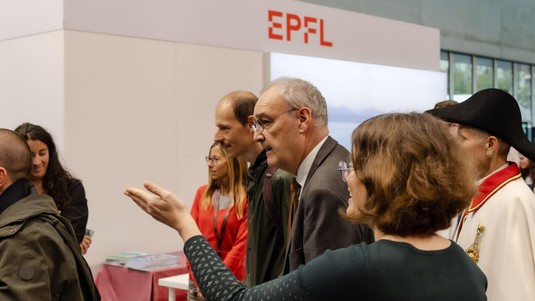 Guy Parmelin, President of the Swiss Confederation, visits the EPFL booth at the OLMA Swiss Fall Fair - 2026 EPFL/Mathias Udriot, Laetitia Dällenbach, and Lucien Wullyamoz - CC BY SA