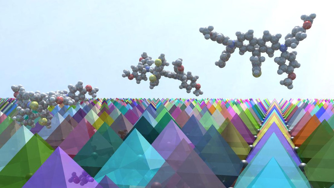 3-D illustration of FDT molecules on a surface of perovskite crystals (credit: Sven M. Hein) © EPFL 3-D illustration of FDT molecules on a surface of perovskite crystals (credit: Sven M. Hein) © EPFL